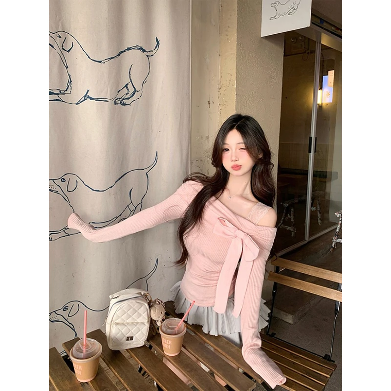 【圆圆脸】初夏一字肩纯欲粉色打底衫女春季绝美蝴蝶结甜妹上衣