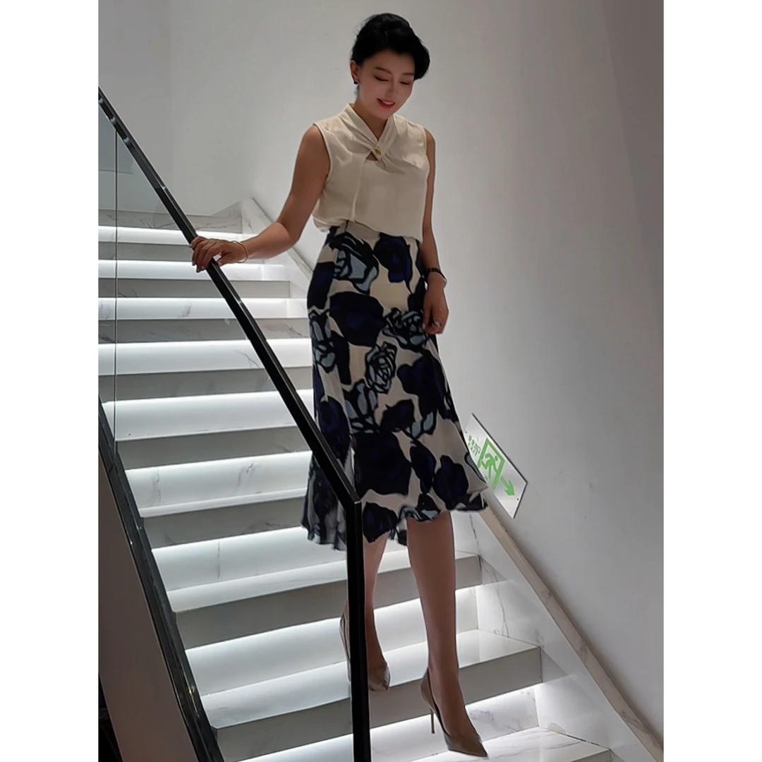 YJ【月下湖畔】原创设计师轻奢高档款撞色半裙