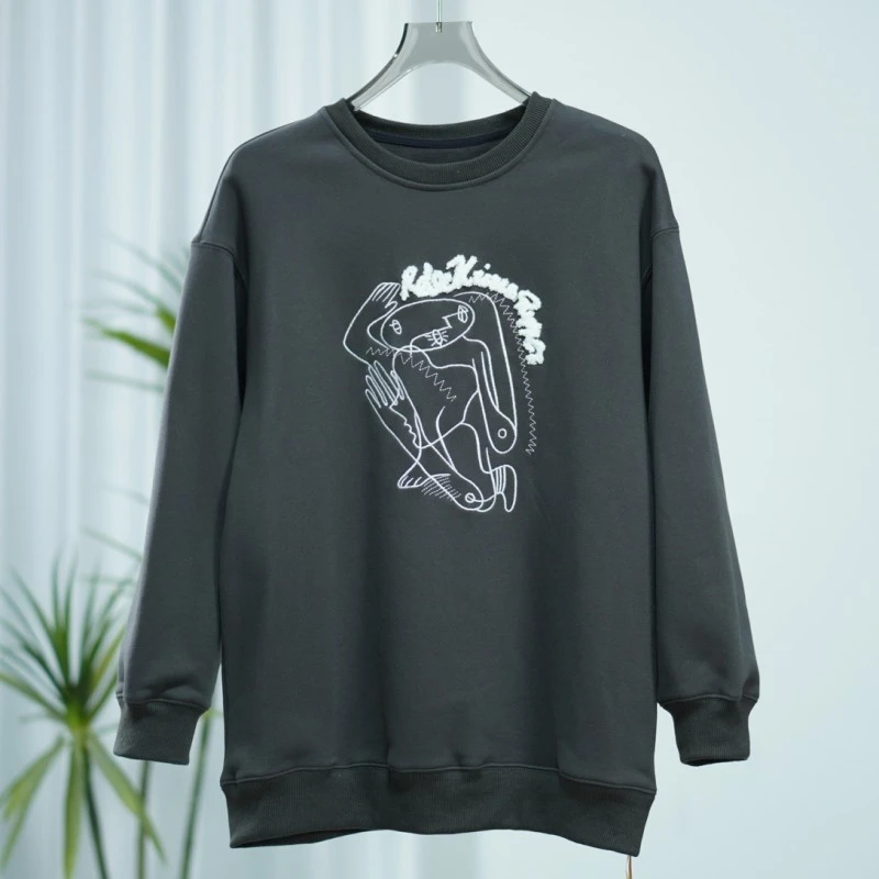 【诗M】O-637  女装秋冬加绒抽象线茶卫衣深灰2509050