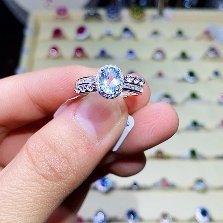 海蓝宝石戒指银S925镶嵌1111