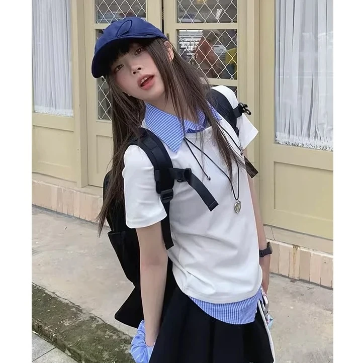 【韩系学姐两件套】polo衫夏季套装撞色拼接修身短袖学院风休闲套装