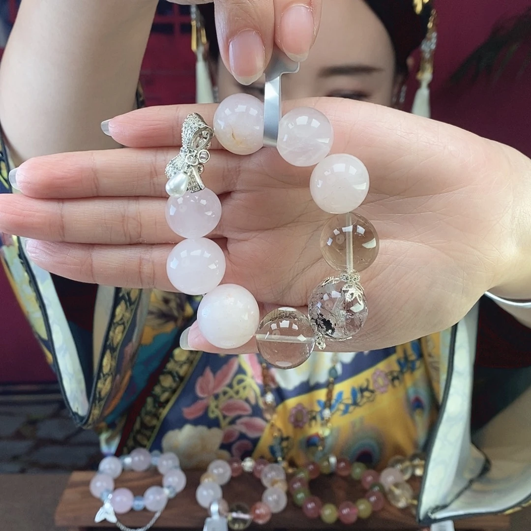 水晶未镶嵌手链粉水晶+黑闪灵