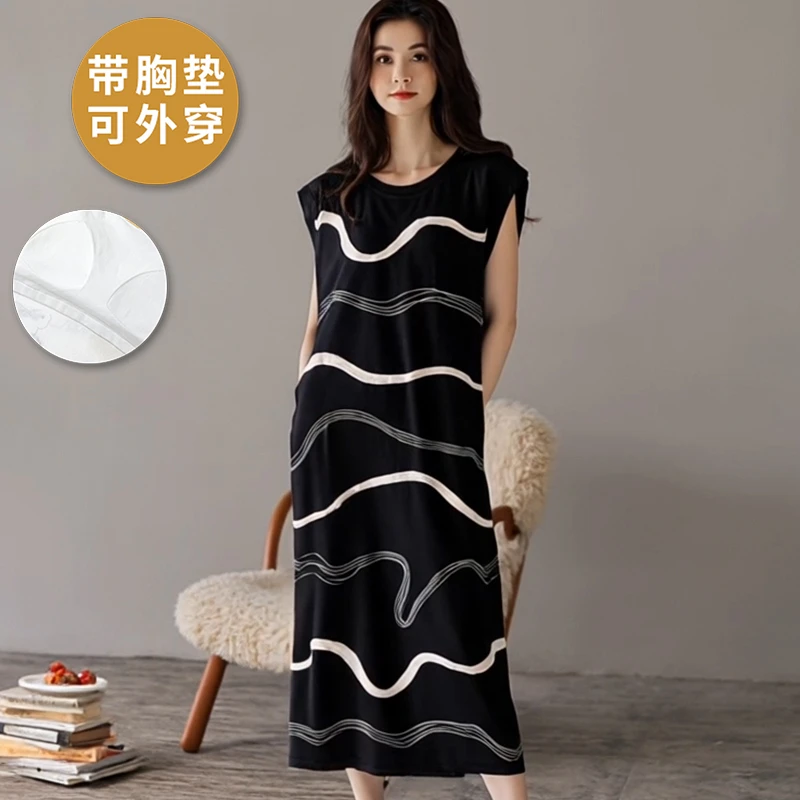 夏季自带胸垫睡衣女士凉感可外穿时尚条纹大码显瘦背心睡裙家居服