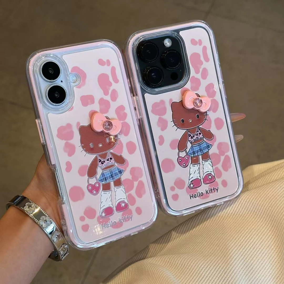 欧克里里长腿黑皮Kitty蝴蝶结适用苹果16手机壳华为vivo小米oppo