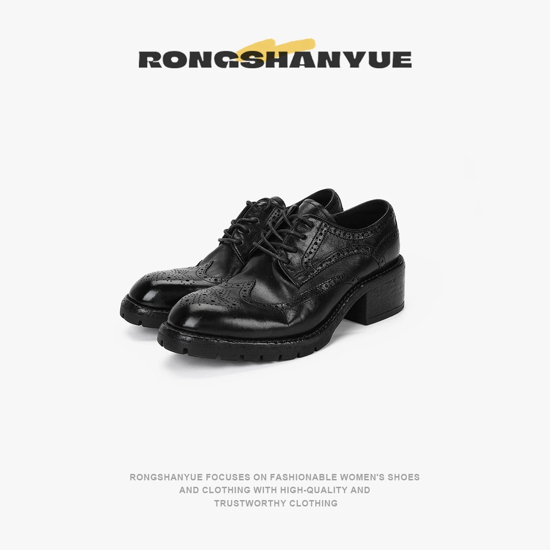 Rongshanyue英伦风巴洛克雕花复古粗跟小皮鞋水洗马皮单鞋B1138