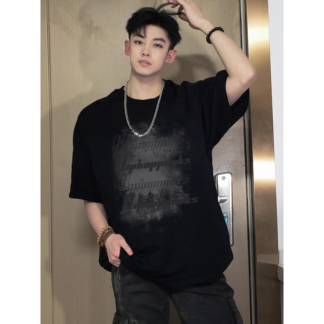 220克国潮牌美式纯棉短袖t恤男春夏新款阴影字母印花重磅宽松上衣