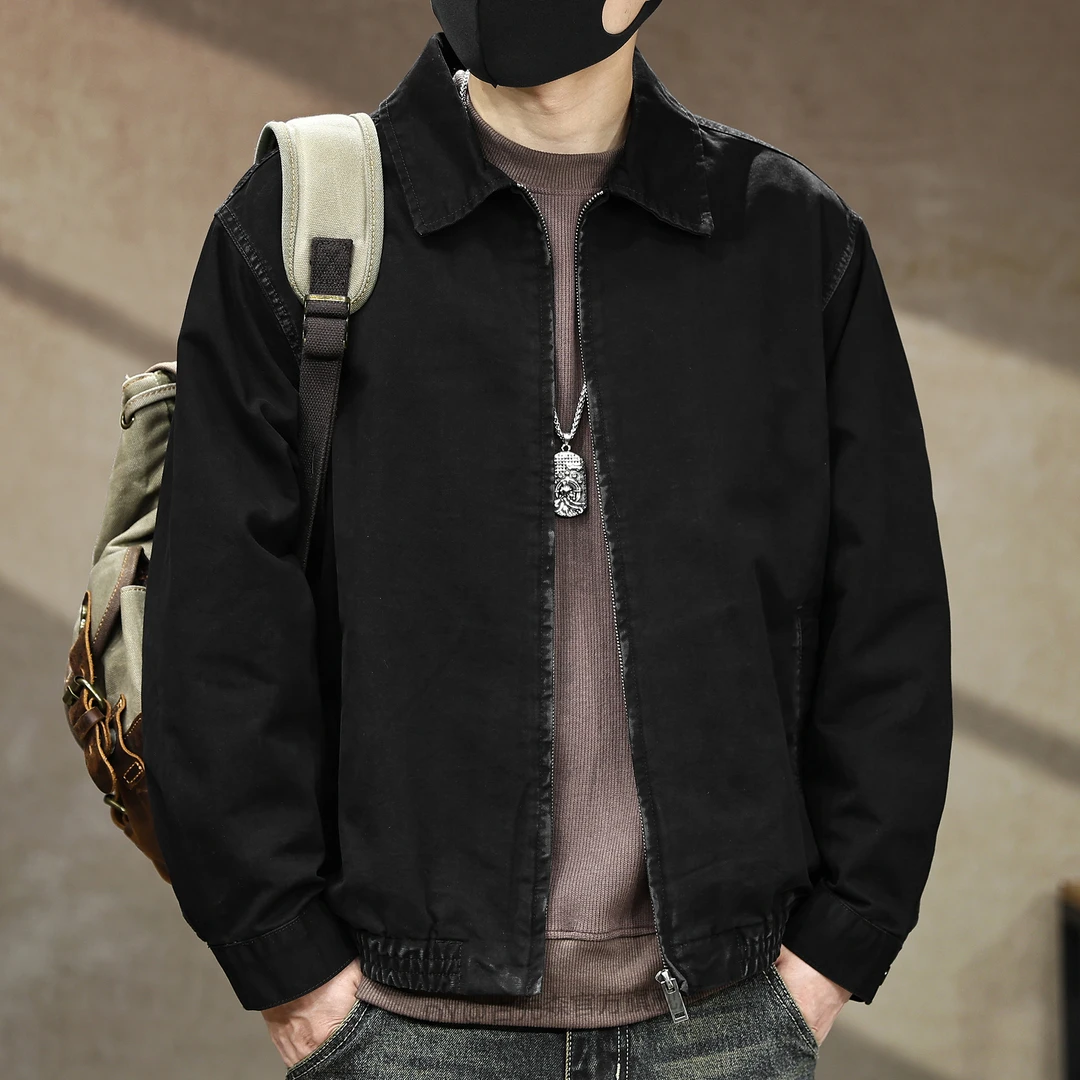 美式纯棉洗水黑高端复古哈灵顿机车翻领外套男士秋季新款夹克上衣