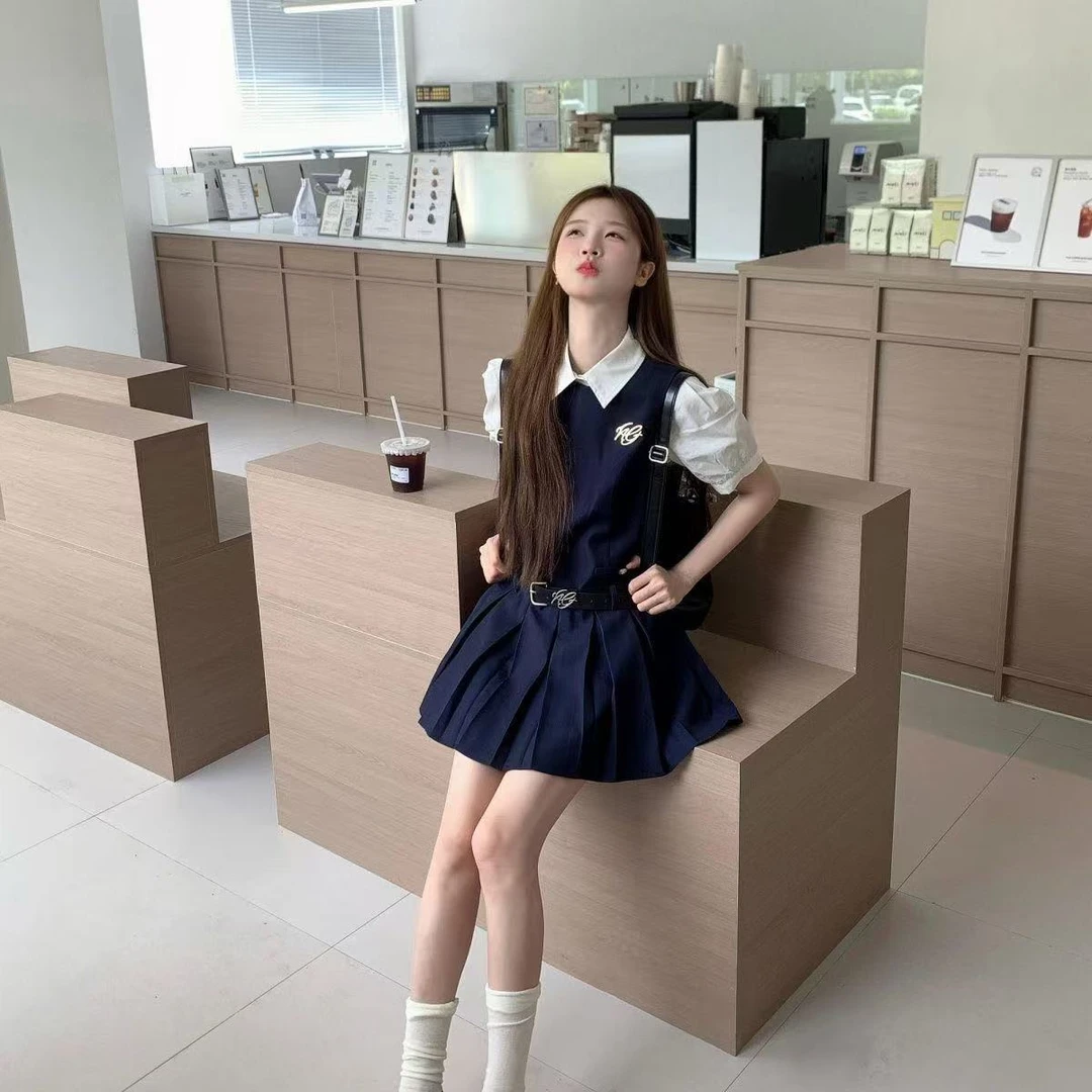 学院风套装夏季新款设计感高腰显瘦短袖衬衫背带百褶阴阳师联名裙