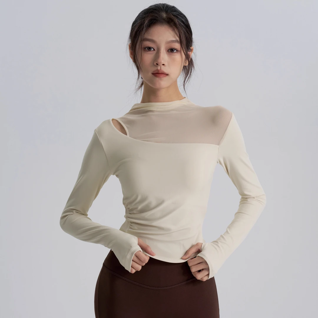 2025新款瑜伽服秋冬带胸垫网纱拼接修身显瘦运动女外穿健身上衣