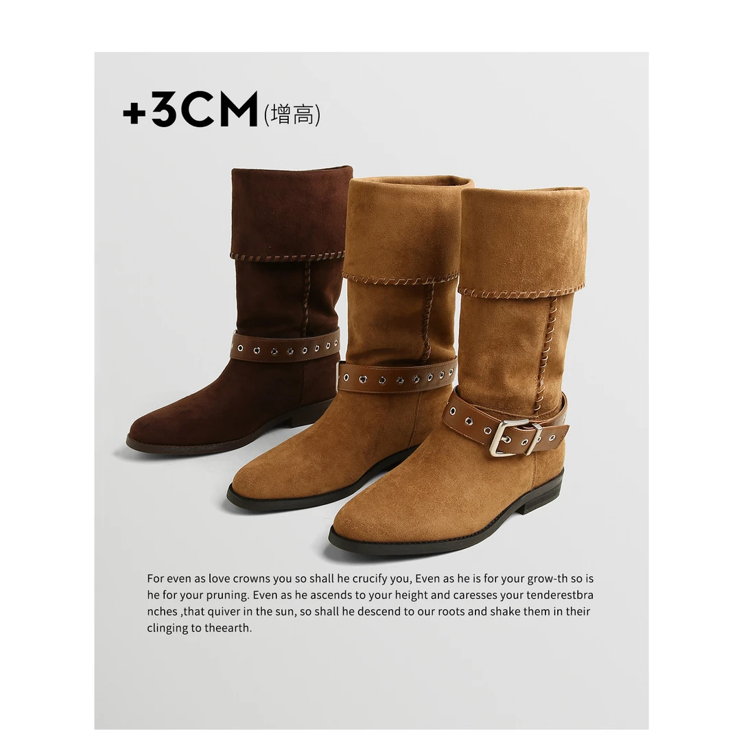 TOUCH MISS棕色尖头短靴女2025新款秋冬季废土风中筒勃肯西部靴子