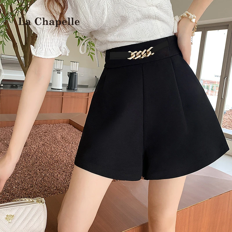 拉夏贝尔链条短裤女百搭春夏新款纯色直筒裤显瘦阔腿裤西装热裤潮