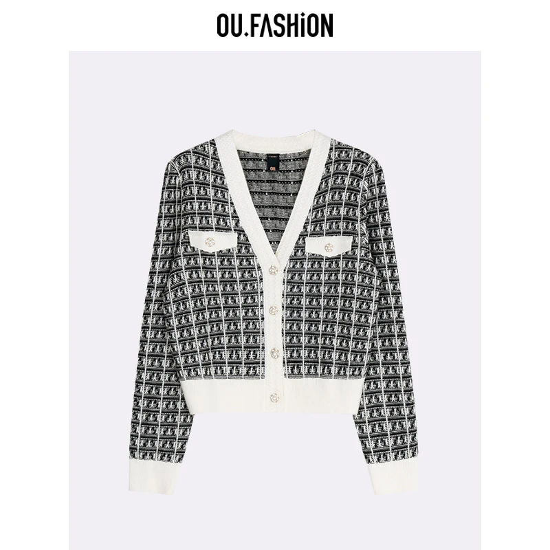 OU.FASHION/欧点小香风百搭针织开衫格纹毛织外套1072410392