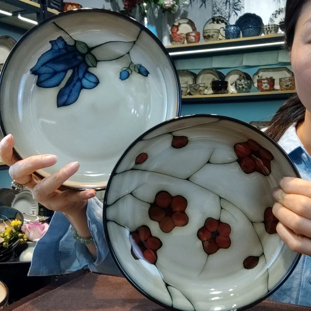 瓷片开**宝小可陶瓷高温釉下彩一组两个色彩各一只大深盘