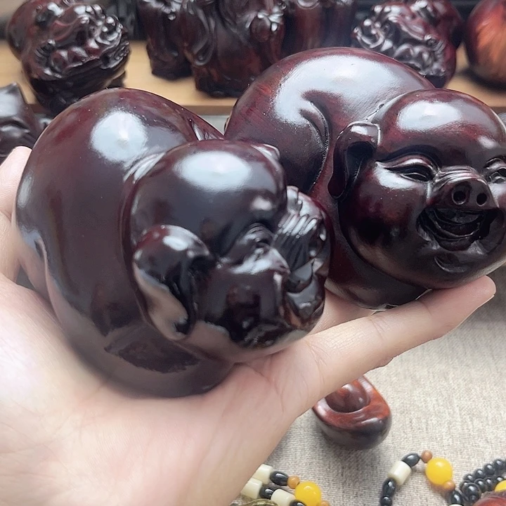 木紫檀红木雕刻一对福猪摆件