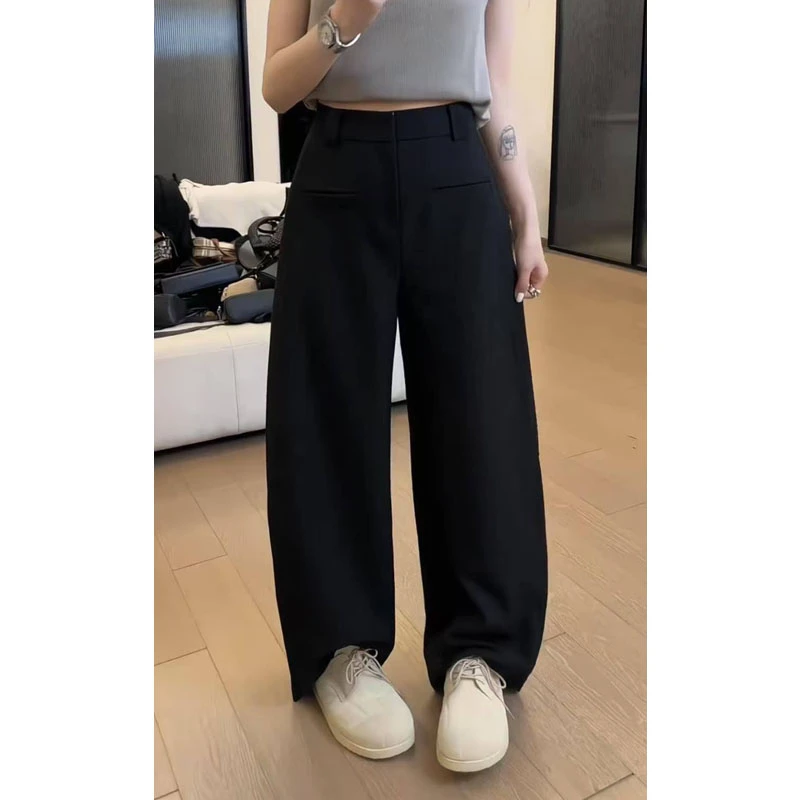 艾塔莉黑色显瘦休闲裤女春季新款胖mm宽松直筒裤垂感拖地裤小个子