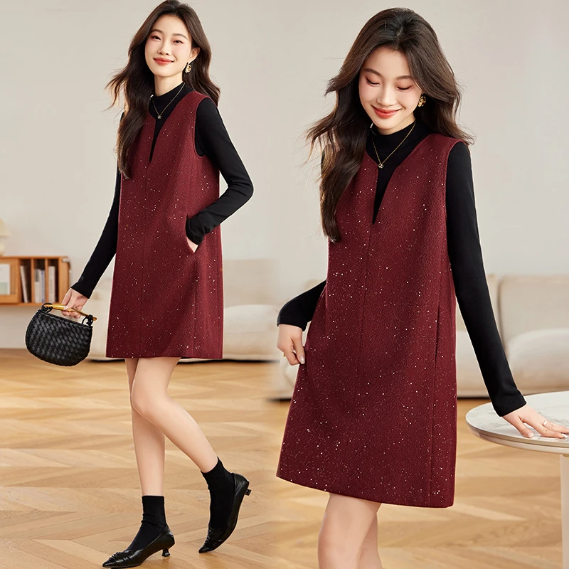 2025春秋季新款长袖连衣裙女中长款宽松气质两件套装高级感黑裙子