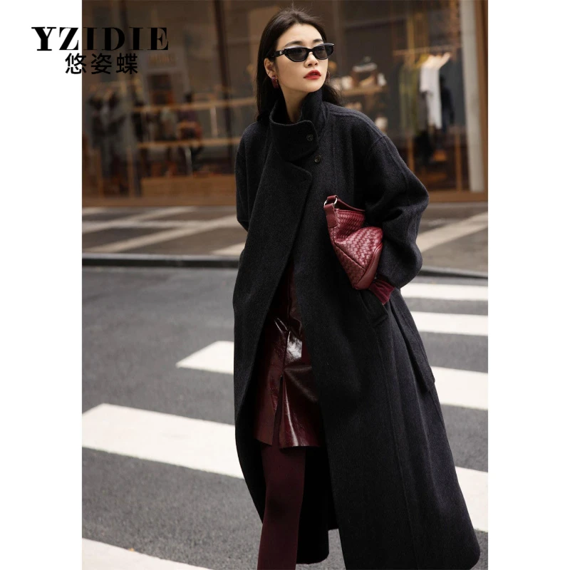 YZIDIE气质时尚大衣女纯立领宽松显瘦双面呢中长款外套冬季
