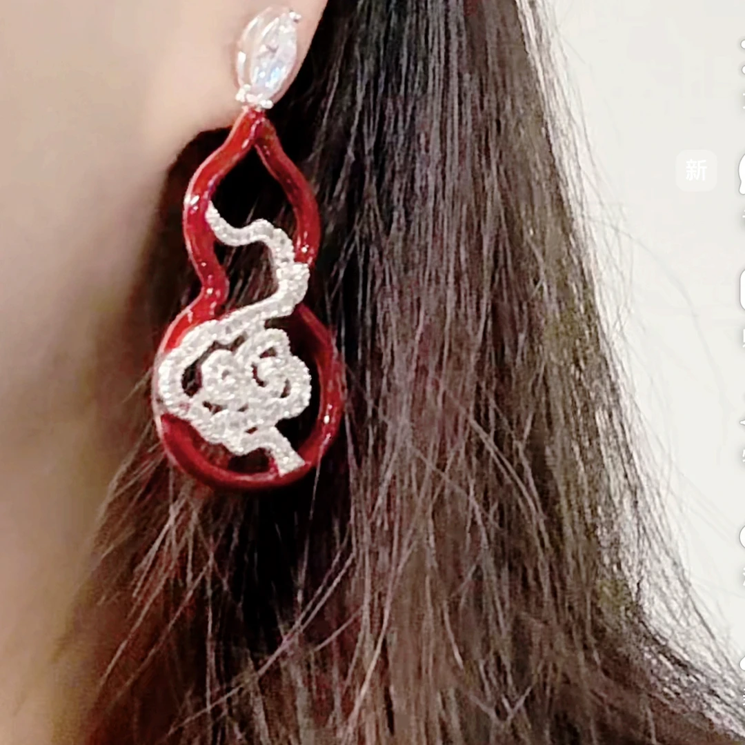 铜合金耳饰 鼎溢新中式民族风镂空满钻祥云黑色滴油葫芦耳坠yh