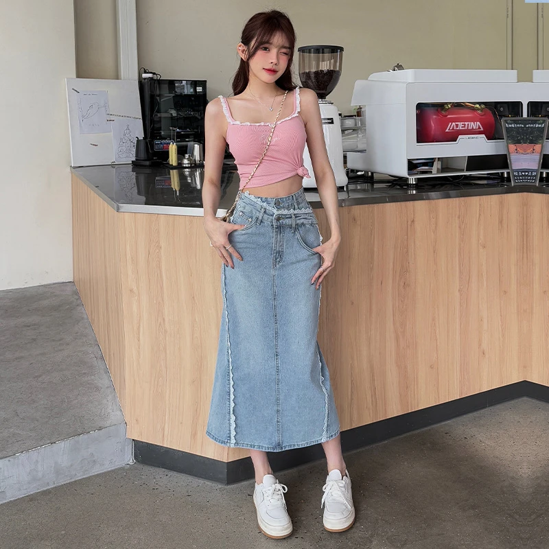 蕾丝牛仔裙女2025春夏辣妹新款开叉显瘦时尚气质优雅复古中长裙子