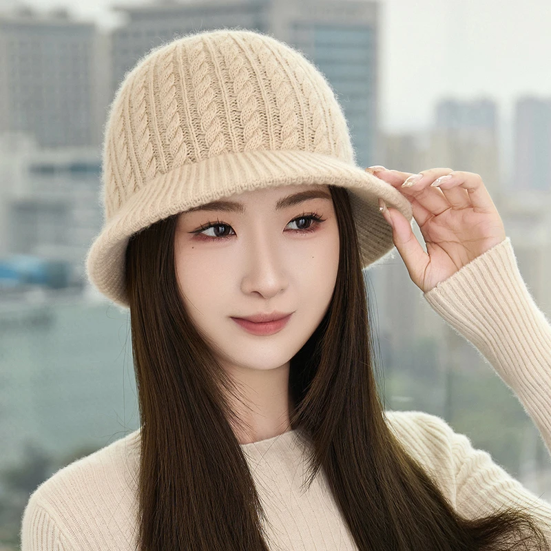 秋冬盆帽秋季显脸小扭花图案羊绒针织带帽檐帽保暖帽护耳帽渔夫帽