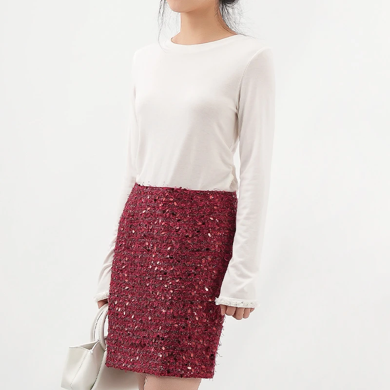 GELING/歌&玲新款圆领拼接亮片收褶长袖T针织长袖上衣G512X91T