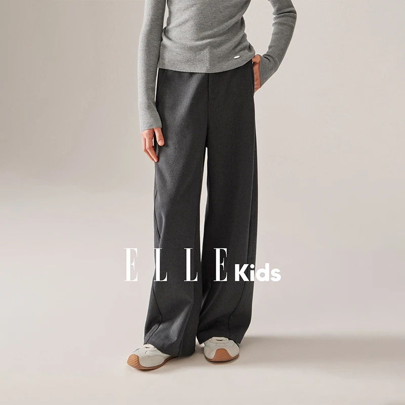 ELLE KIDS 复古弯刀休闲裤女童秋季新款智性百搭斜纹混纺裤子Q4
