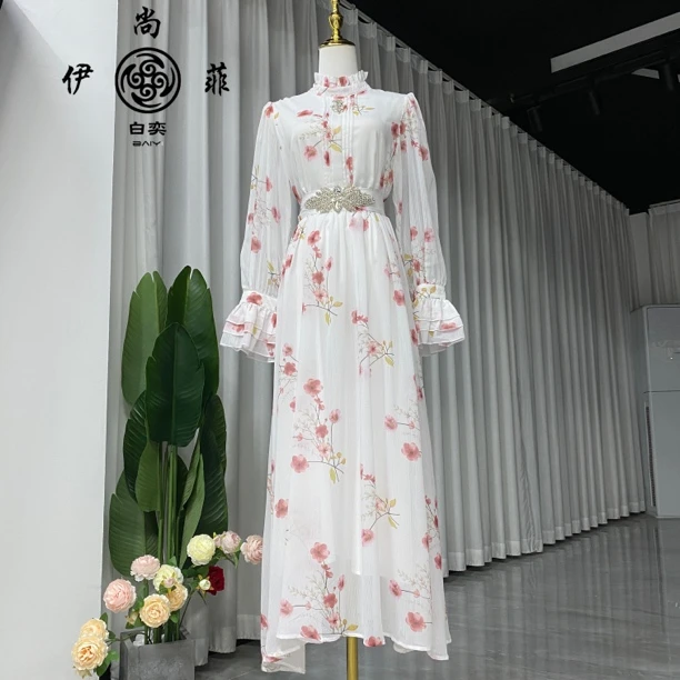8888伊尚菲优雅气质白色重工镶钻礼服裙显瘦女神连衣裙高个子长裙