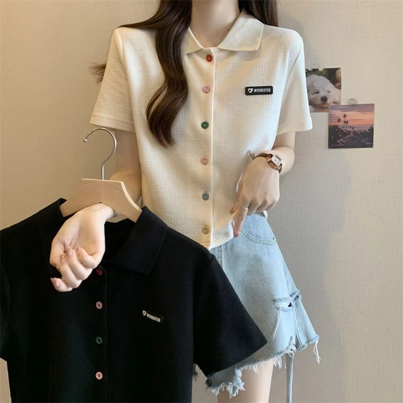 华夫格短袖t恤女夏季正肩显瘦小个子polo衫纽扣设计感短款上衣女