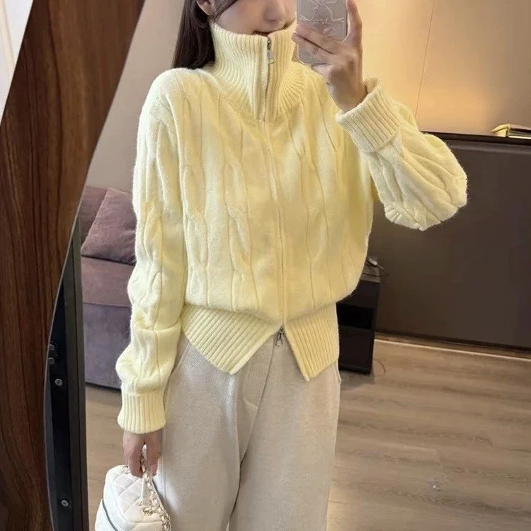 高领拉炼开衫毛衣外套女秋冬季新款宽松慵懒风内搭打底针织衫上衣