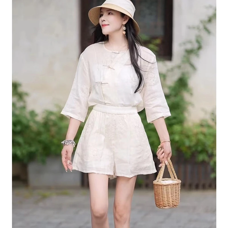 复古双层苎麻刺绣休闲短裤女夏新款文艺大码宽松百搭直筒裤