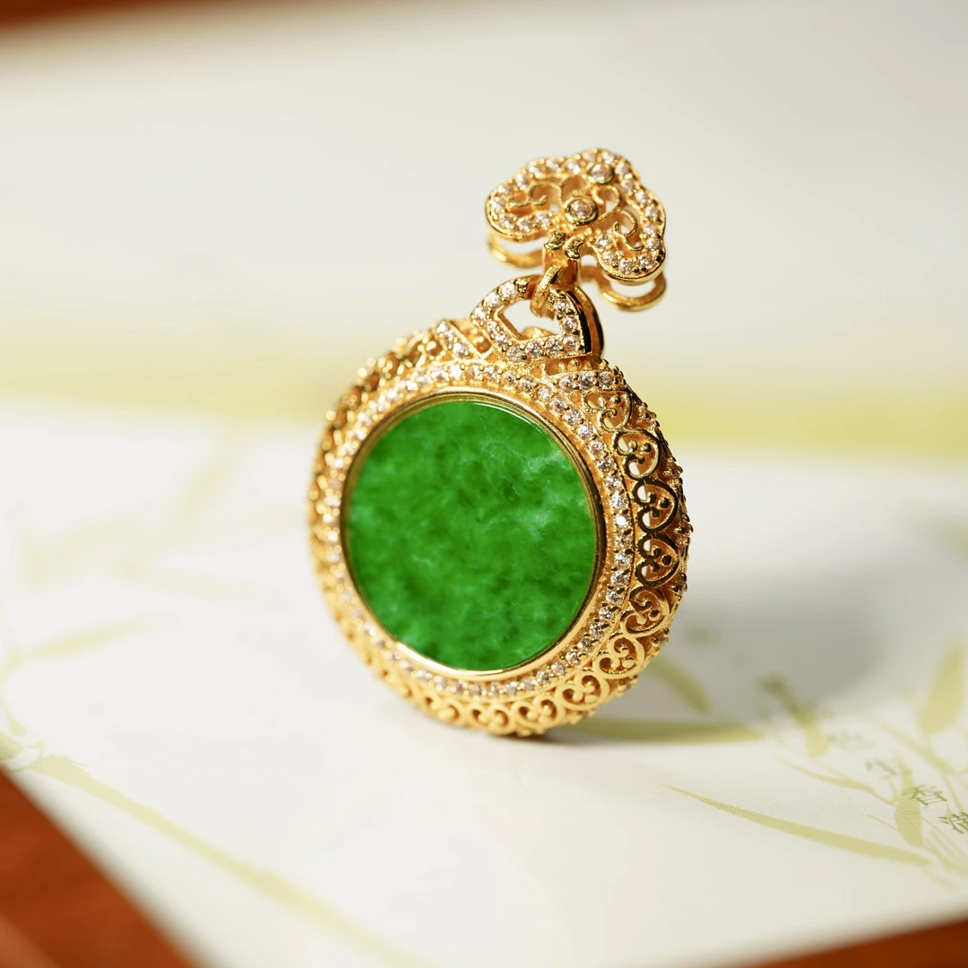 【百年一玉】天然缅甸A货翡翠吊坠S925银镀金中式设计-1104