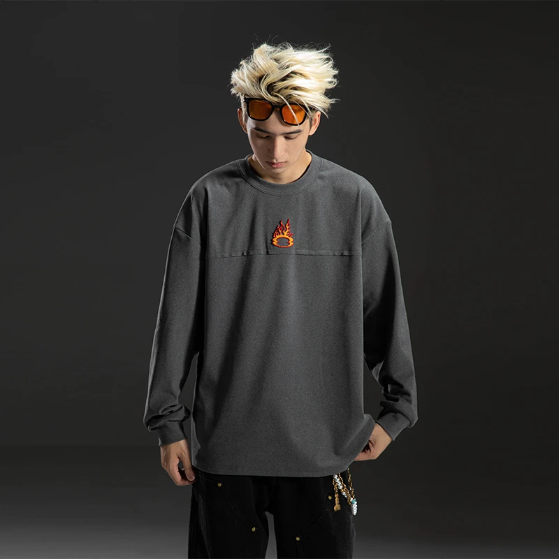 【热力绒2.0火焰打底】经典宽松秋冬休闲情侣长袖圆领T恤潮2033