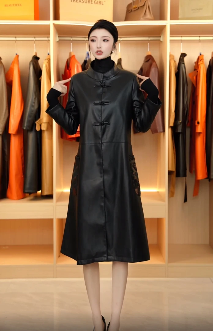 海宁真皮皮衣女中长款国风皮风衣外套（绵羊皮）LFR-255#