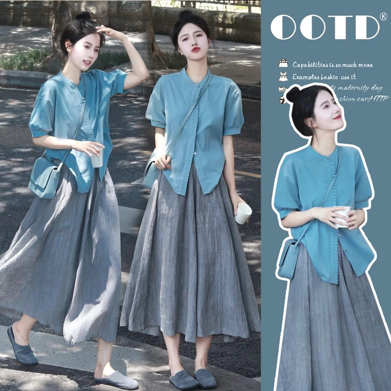 夏装新款孕妇装2025新款文艺洋气女设计感短袖衬衫休闲半身裙套装
