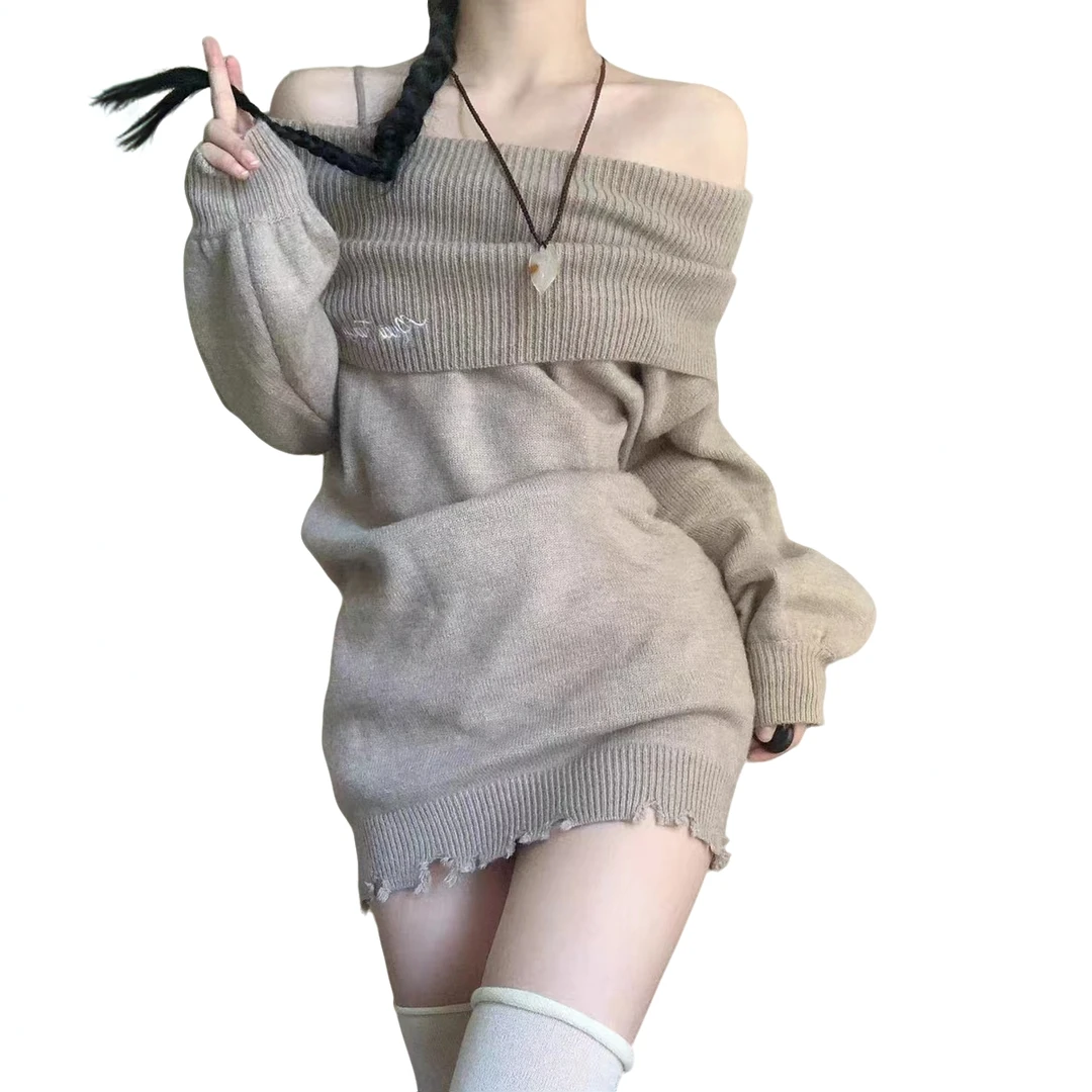 气质秋季包臀裙小众韩版短款连衣裙纯欲风设计感一字肩露肩宽松