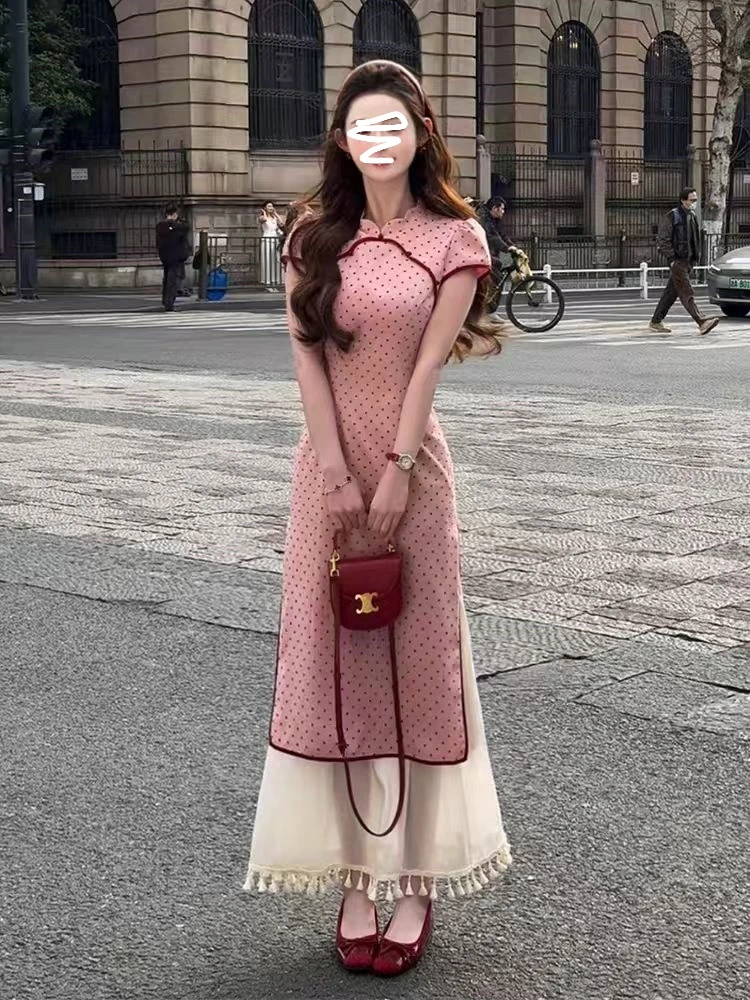 现593-7#新中式温婉粉色波点改良旗袍连衣裙女新款设计感拼接修身