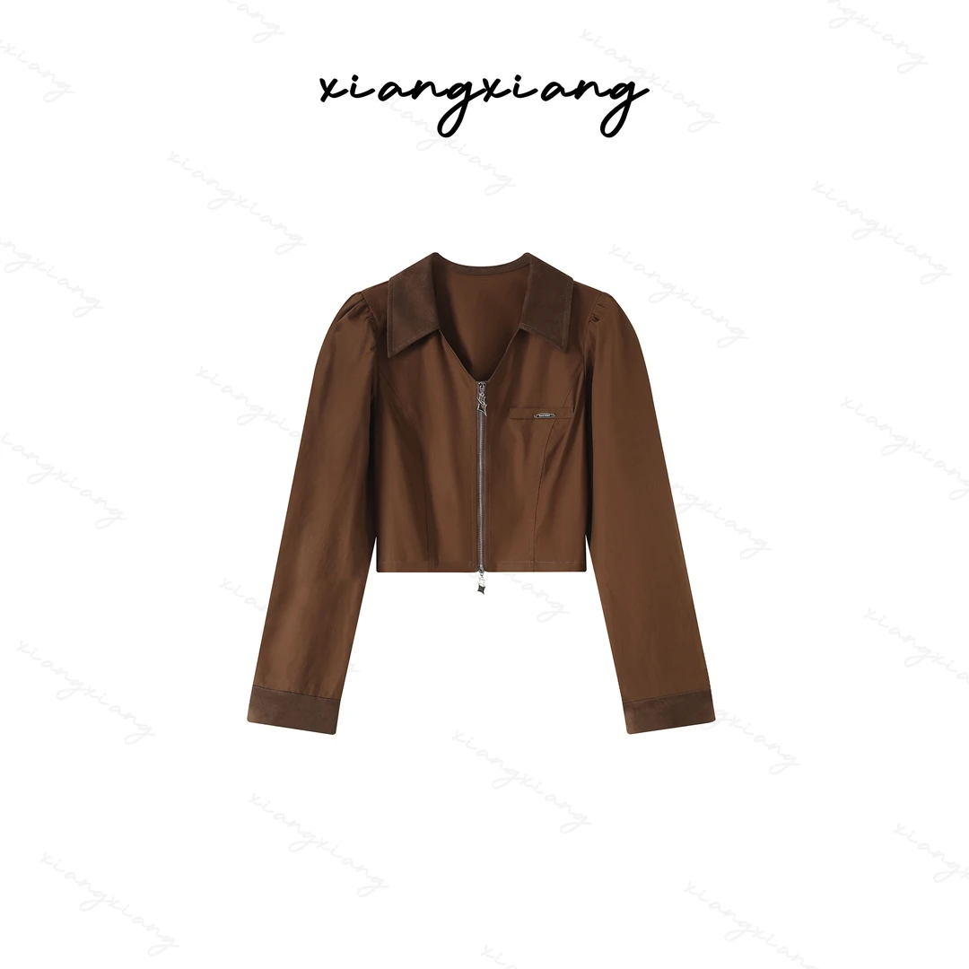 20211时尚Polo领双拉链薄外套气质显瘦短款长袖上衣