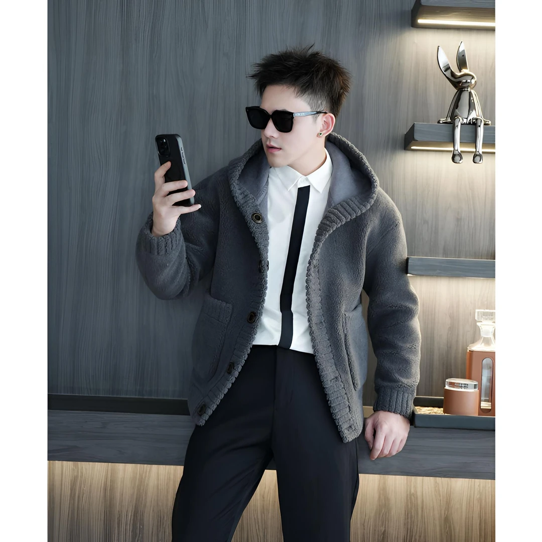 CLL【秋冬限定】轻奢高品质修身连帽颗粒绒双面穿羊毛外套男夹克