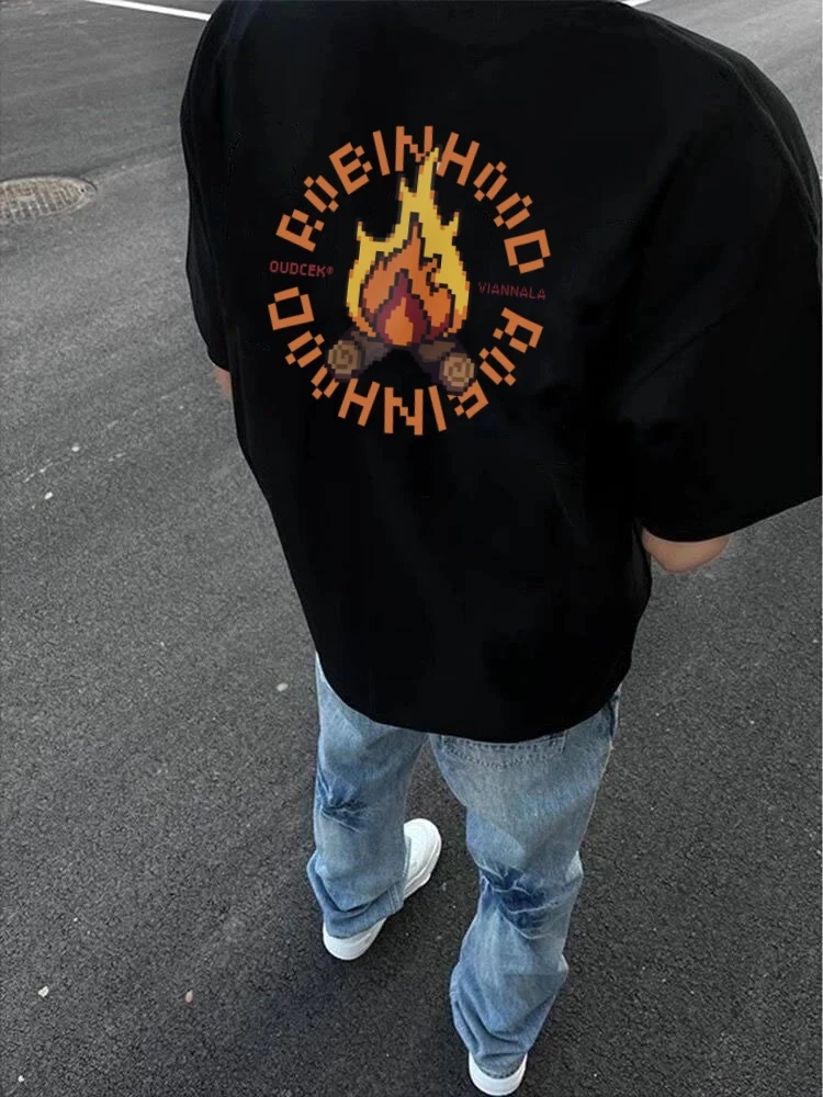 260g重磅纯棉夏季火苗卡通印花短袖速干t恤男宽松潮流帅气纯棉T恤