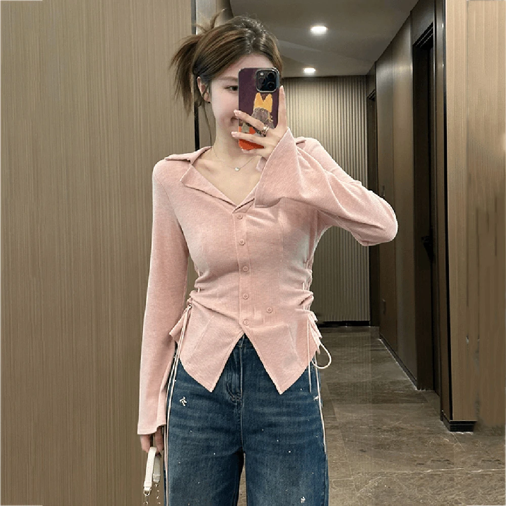 大码粉色V领长袖针织衫女秋季胖mm收腰显瘦内搭外穿打底小衫上衣