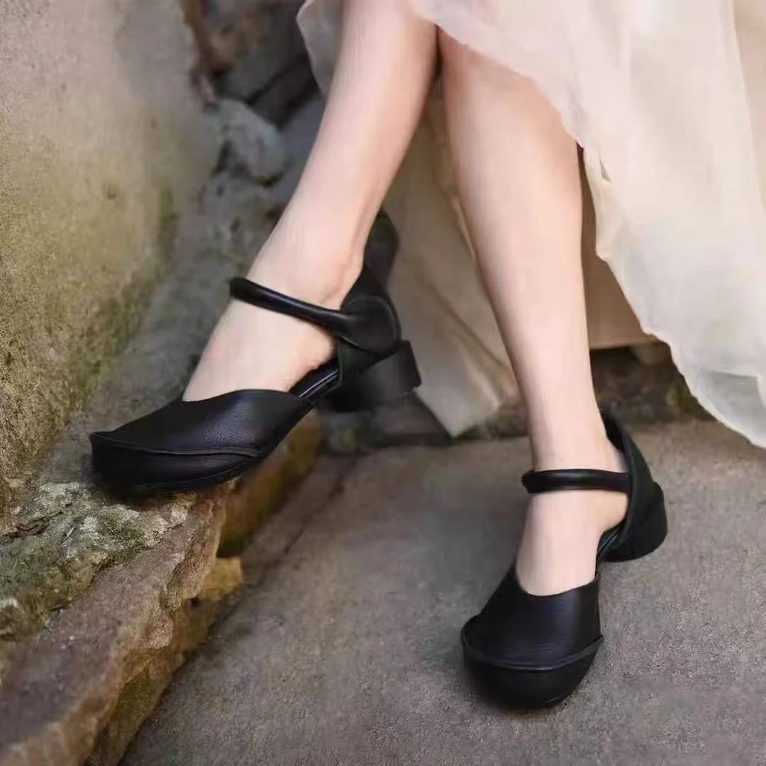 头层牛皮厂家罗马鞋包头低帮高帮低跟黑色粗跟单鞋凉鞋浅口复古软