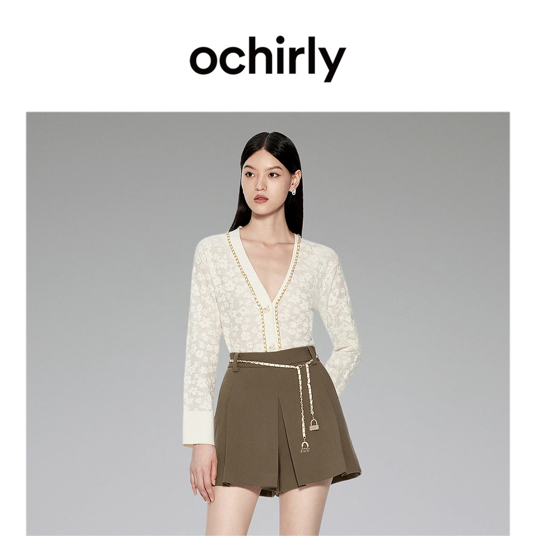 ochirly欧时力 小香风镂空花朵针织外套女春装金属链开衫