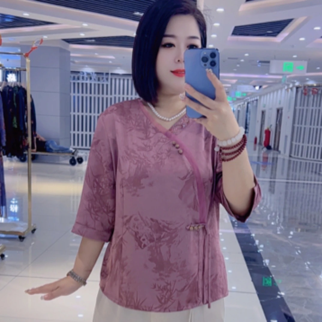 8588新中式妈妈装缎面提花中袖上衣优雅气质显瘦大码