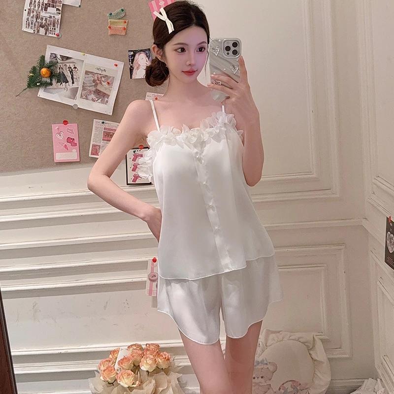 带胸垫睡衣女夏天2025年新款冰丝吊带短裤两件套装女士性感家居服
