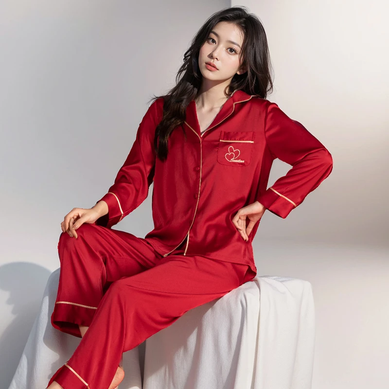 大红色冰丝睡衣女春秋款结婚新婚长袖喜庆本命年冰雪丝家居服春季