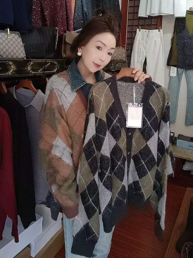 韩版女装复古网红休闲毛衫叶子毛针织衫开衫格子加厚镂空菱格