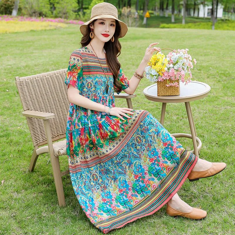 中年妈妈棉绸连衣裙小众设计感2025夏新款复古文艺气质新国风长裙