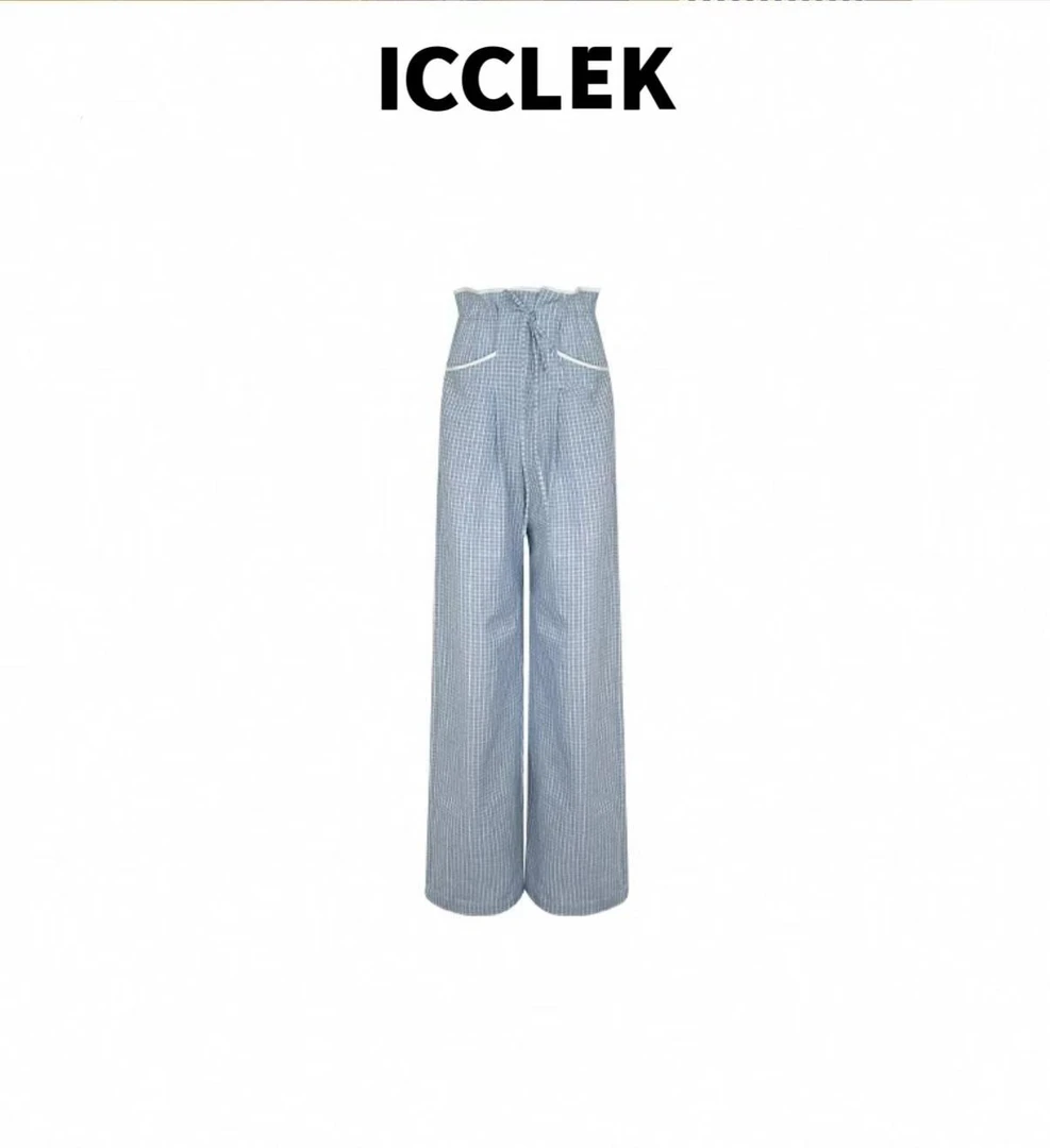 ICCLEK 蓝色竖纹百搭直筒宽松经典休闲阔腿裤通勤显瘦裤子 - 5717
