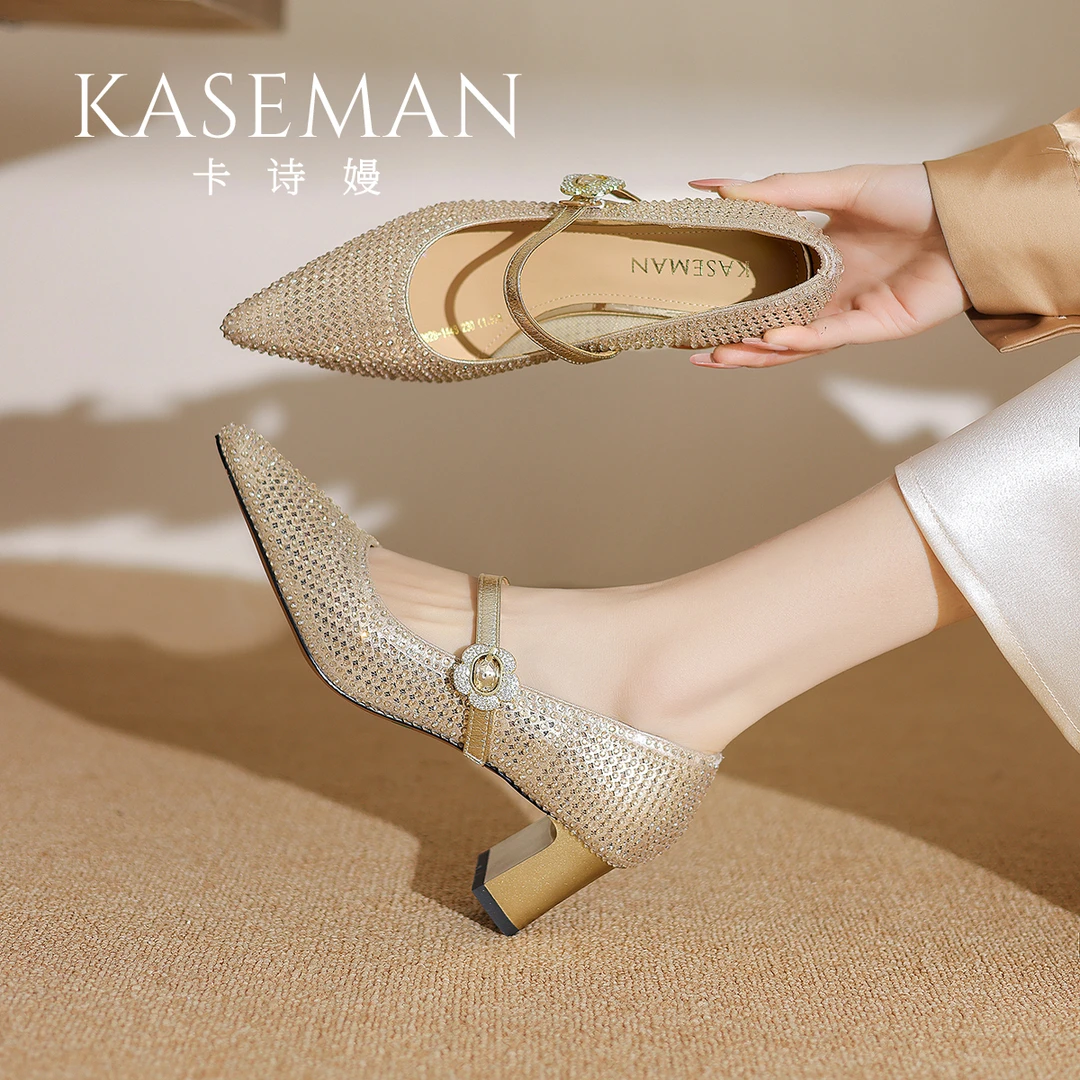 【跟高5cm】夏季浅口水钻尖头粗跟单鞋时尚气质高级感粗跟鞋1448