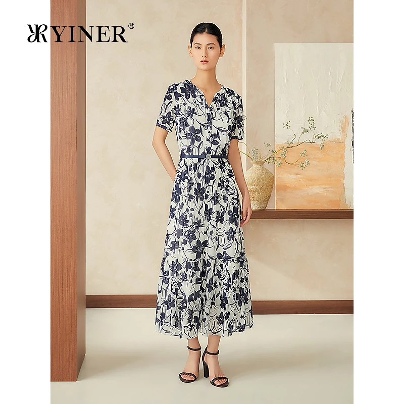 YINER音儿专选2025夏季新款法式优雅印花半开领桑蚕丝混纺连衣裙